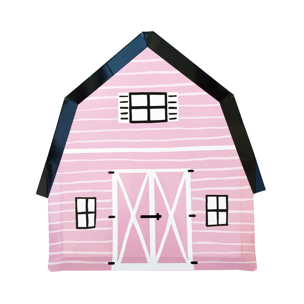 on the farm barn shaped pink plates by Jollity & Co