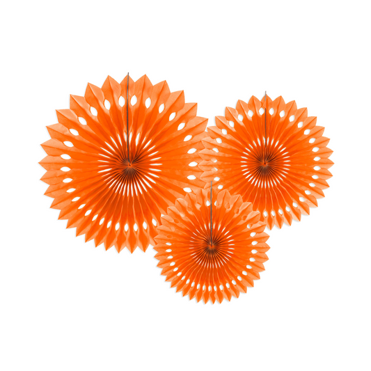 three orange paper party fans in varying sizes