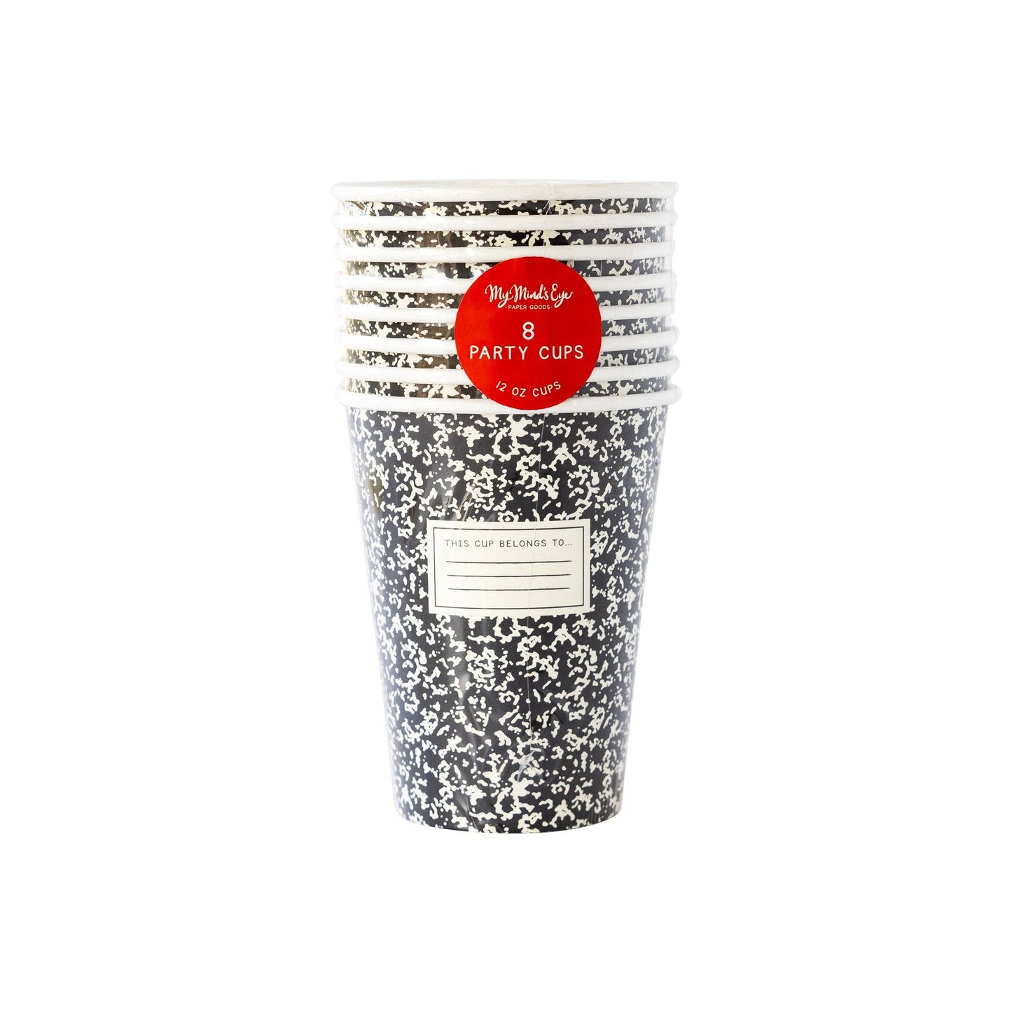 Pack of 8 black 12 oz cups with white speckles, like a composition notebook. Red label: 'My Mind's Eye, 8 Party Cups, 12 oz.'