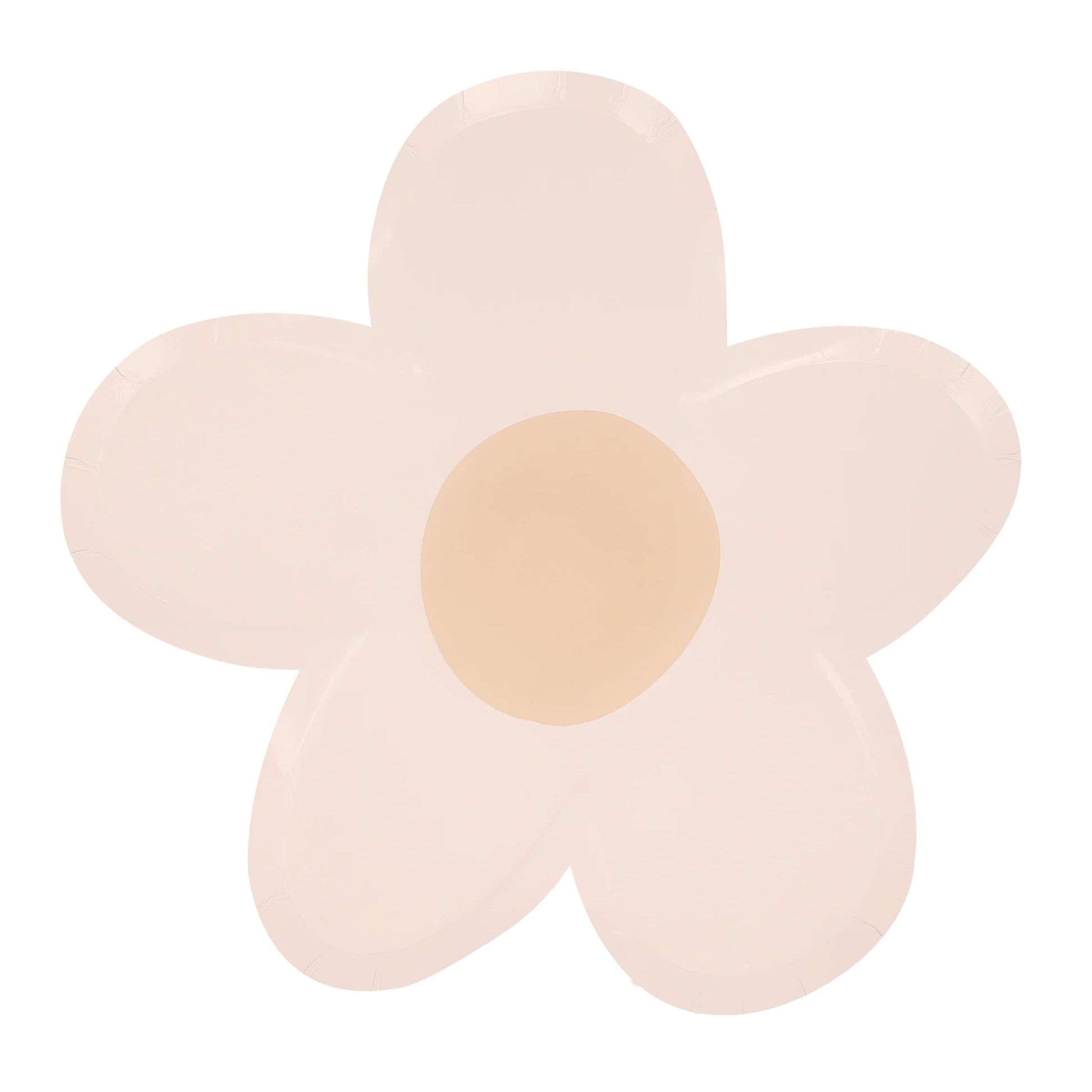 Pale pink daisy plate with peach center on a white background.