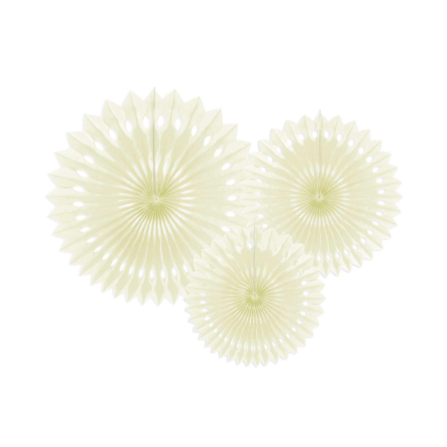 three pale yellow party fans in varying sizes