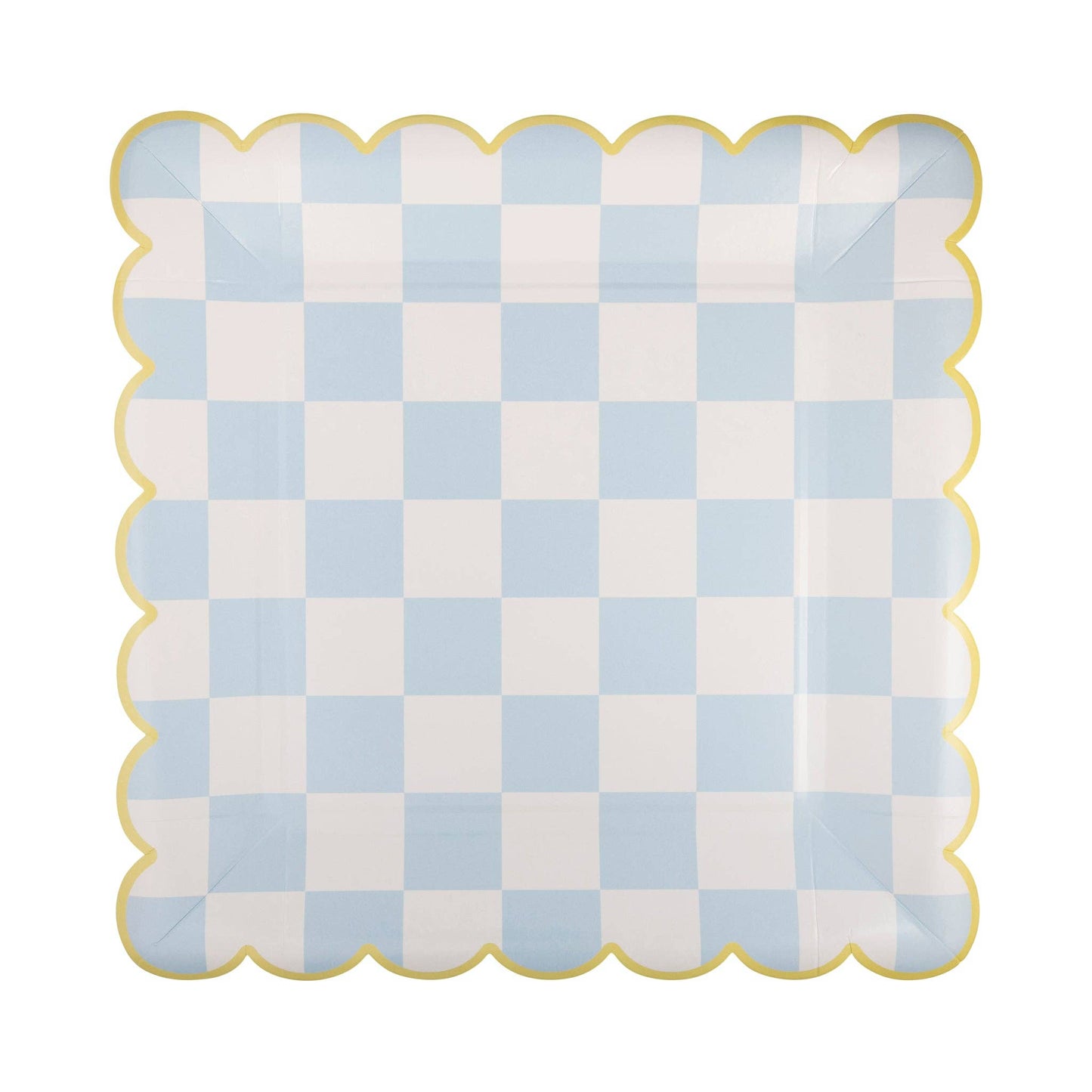 pastel blue checkered paper plate with yellow boarder