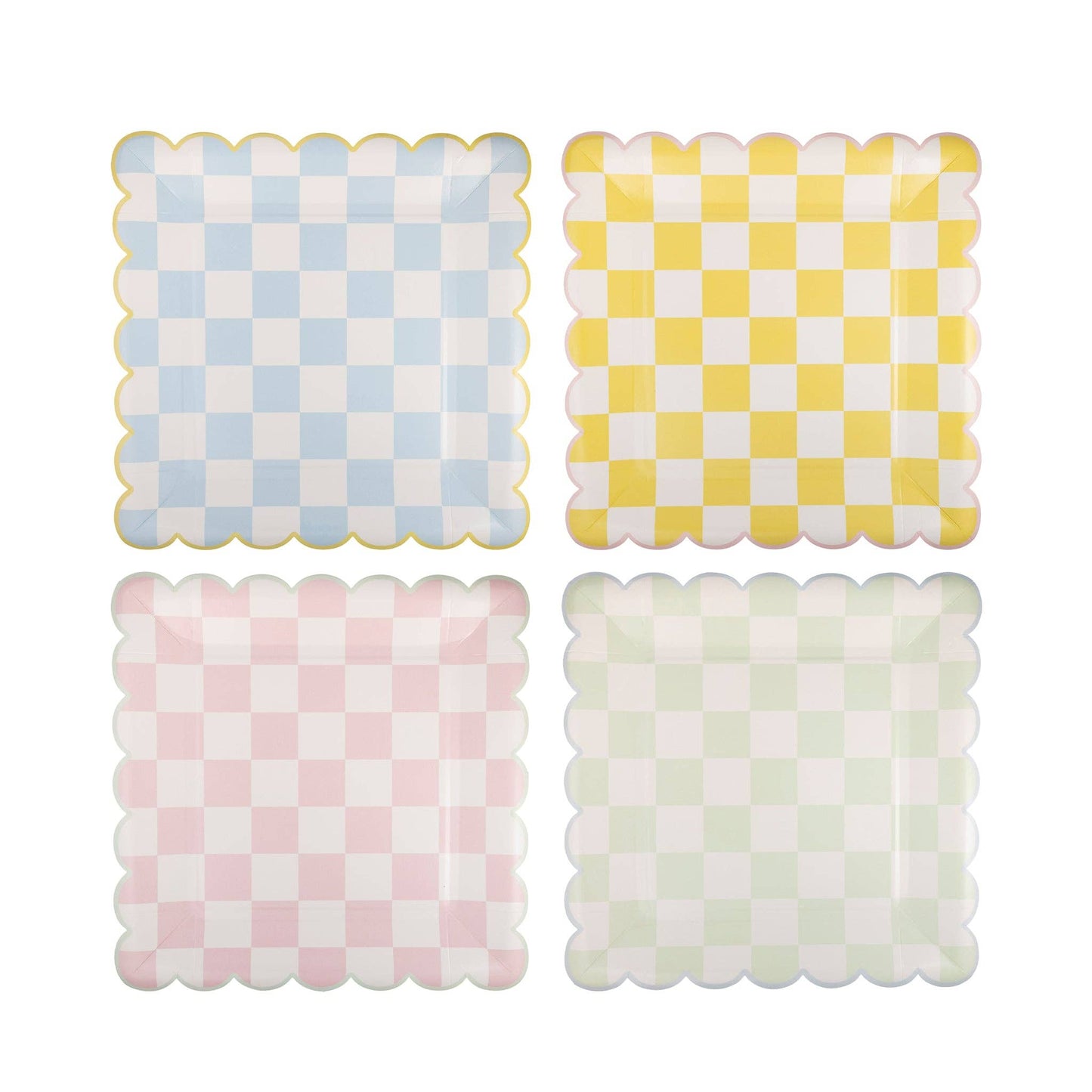 pastel paper plates with checkered design in blue, yellow, pink and green