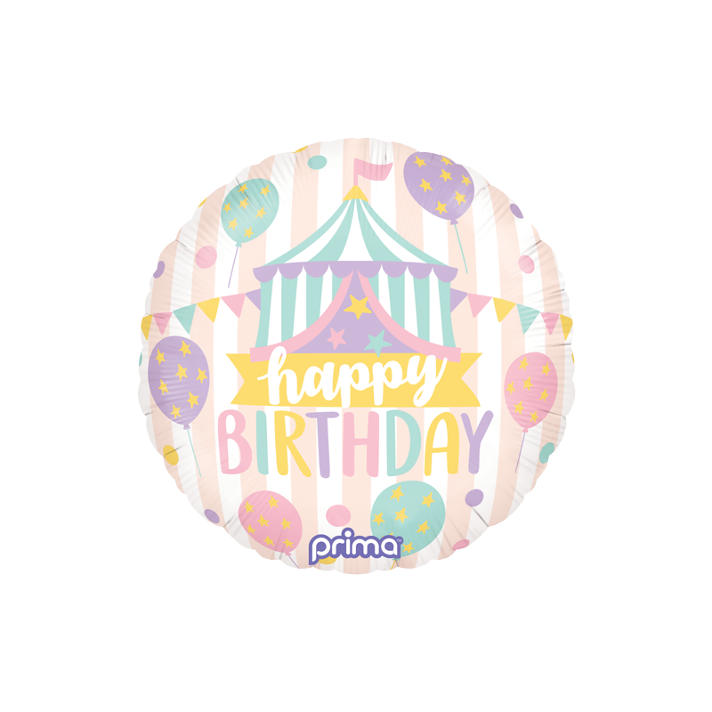 pastel coloured happy birthday foil with shaped printed balloons, circus tent and pennant banner