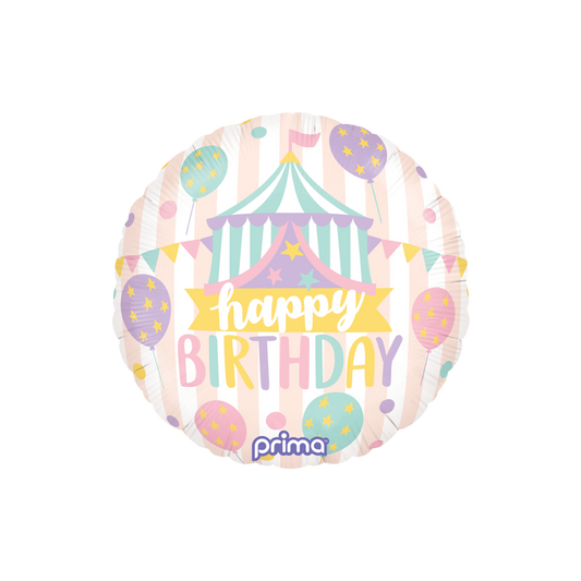 pastel coloured happy birthday foil with shaped printed balloons, circus tent and pennant banner