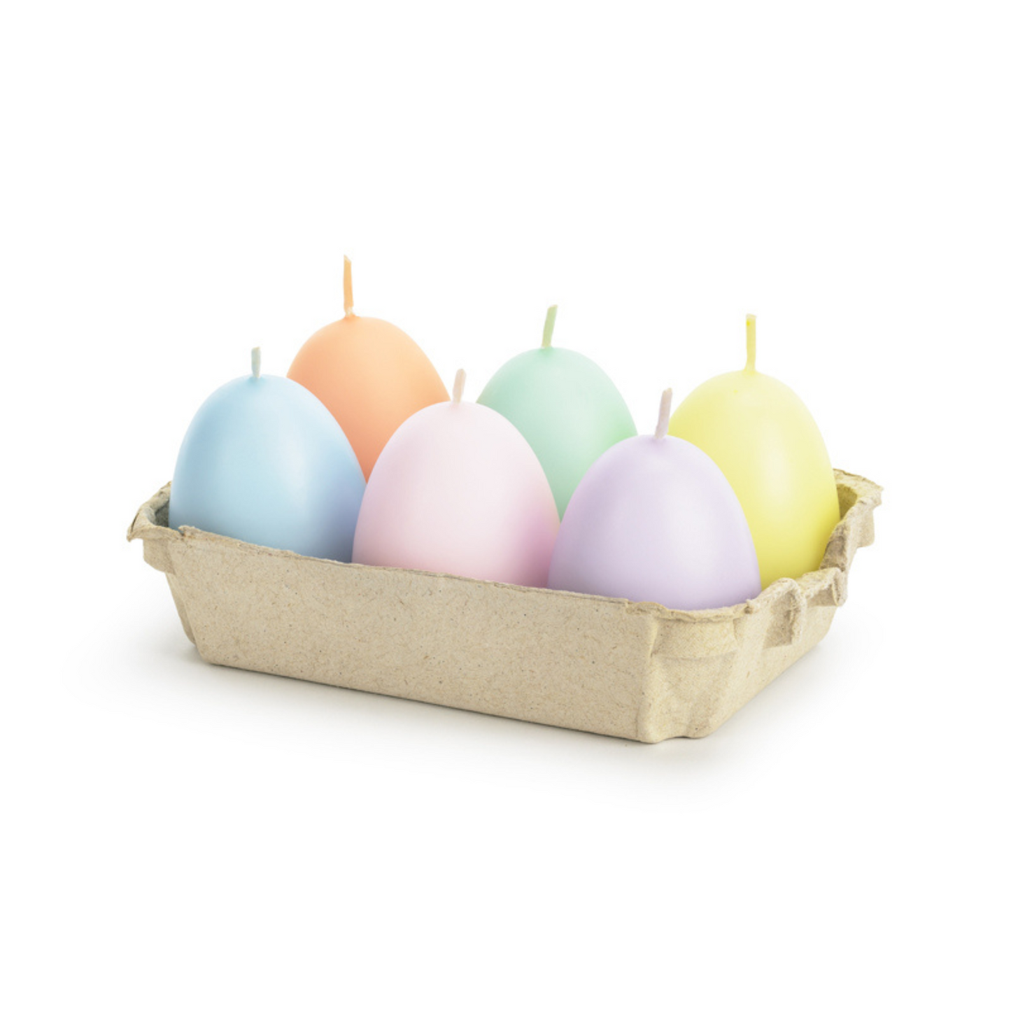 6 pastel coloured easter egg shaped candles in an egg carton