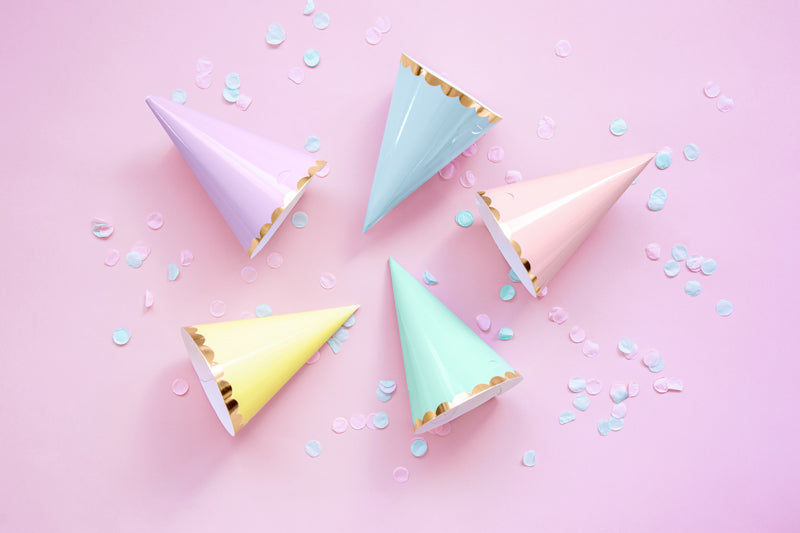 pastel party hats with gold scalloped edge 