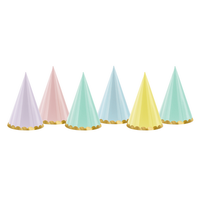 large pastel party hats with a gold scalloped edge- pack of 6
