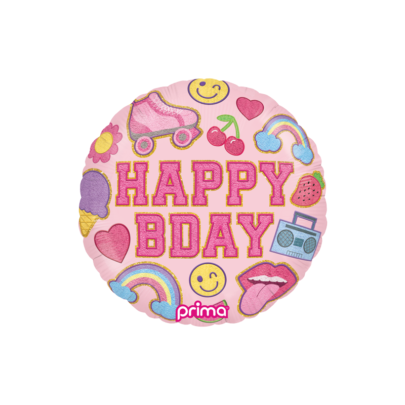 happy birthday patch foil balloon with cherry, ice cream, heart, rainbow patches - bright vibrant colours