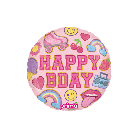 happy birthday patch foil balloon with cherry, ice cream, heart, rainbow patches - bright vibrant colours