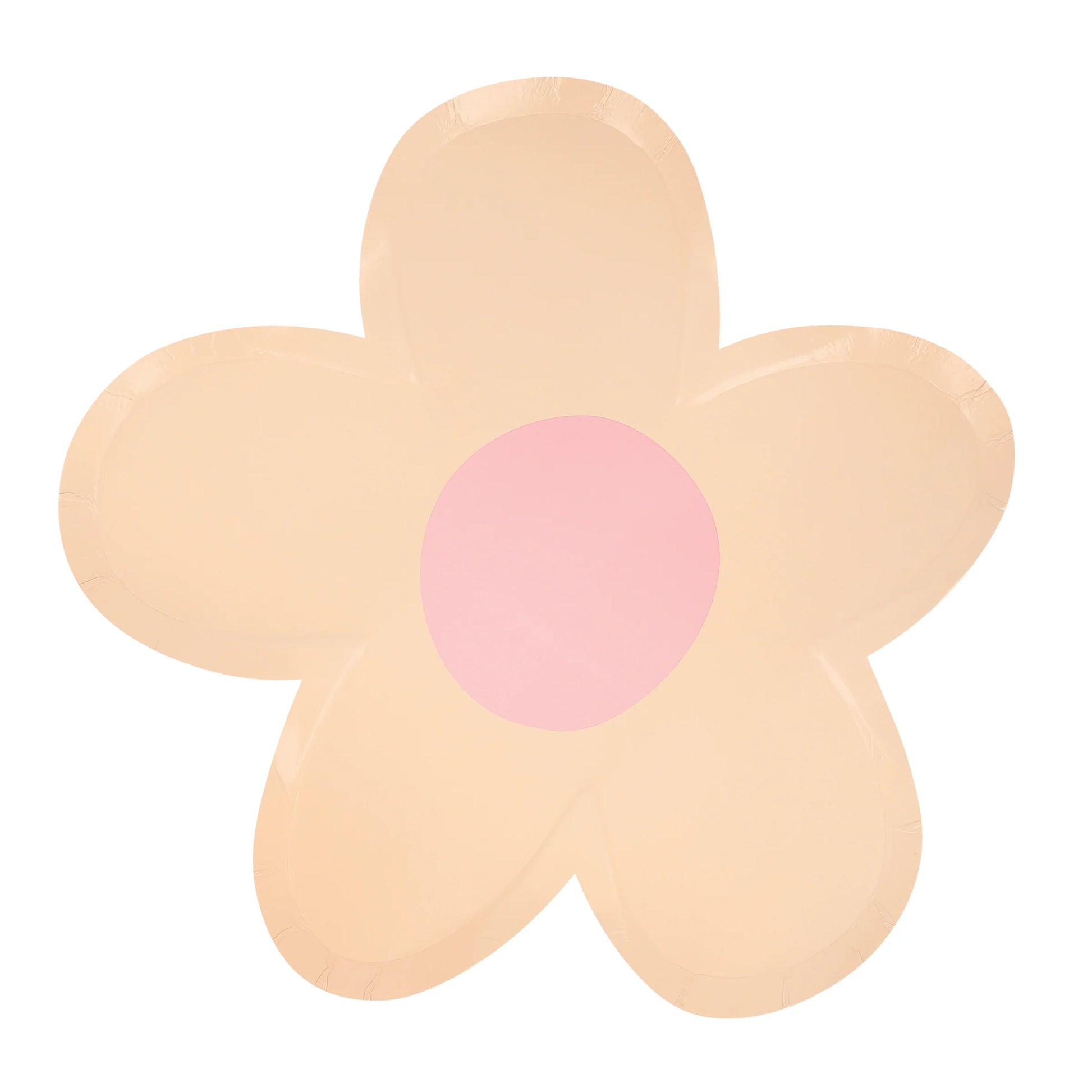 Peach daisy plate with pink center on a white background.