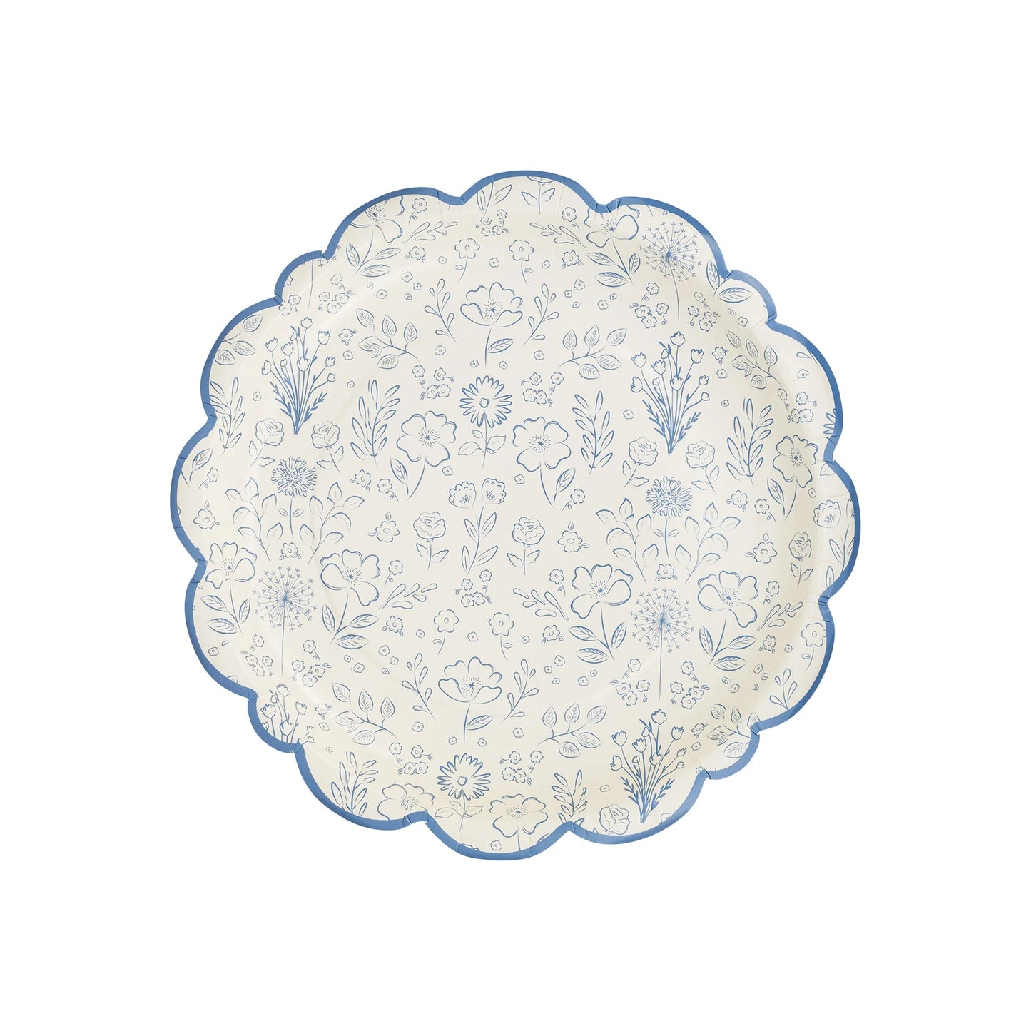 scalloped edge cream plates with blue bordered edge and blue floral design