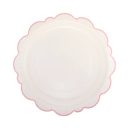 pembroke pink edge scalloped dinner plates works well as a charger plate- 12 inches round