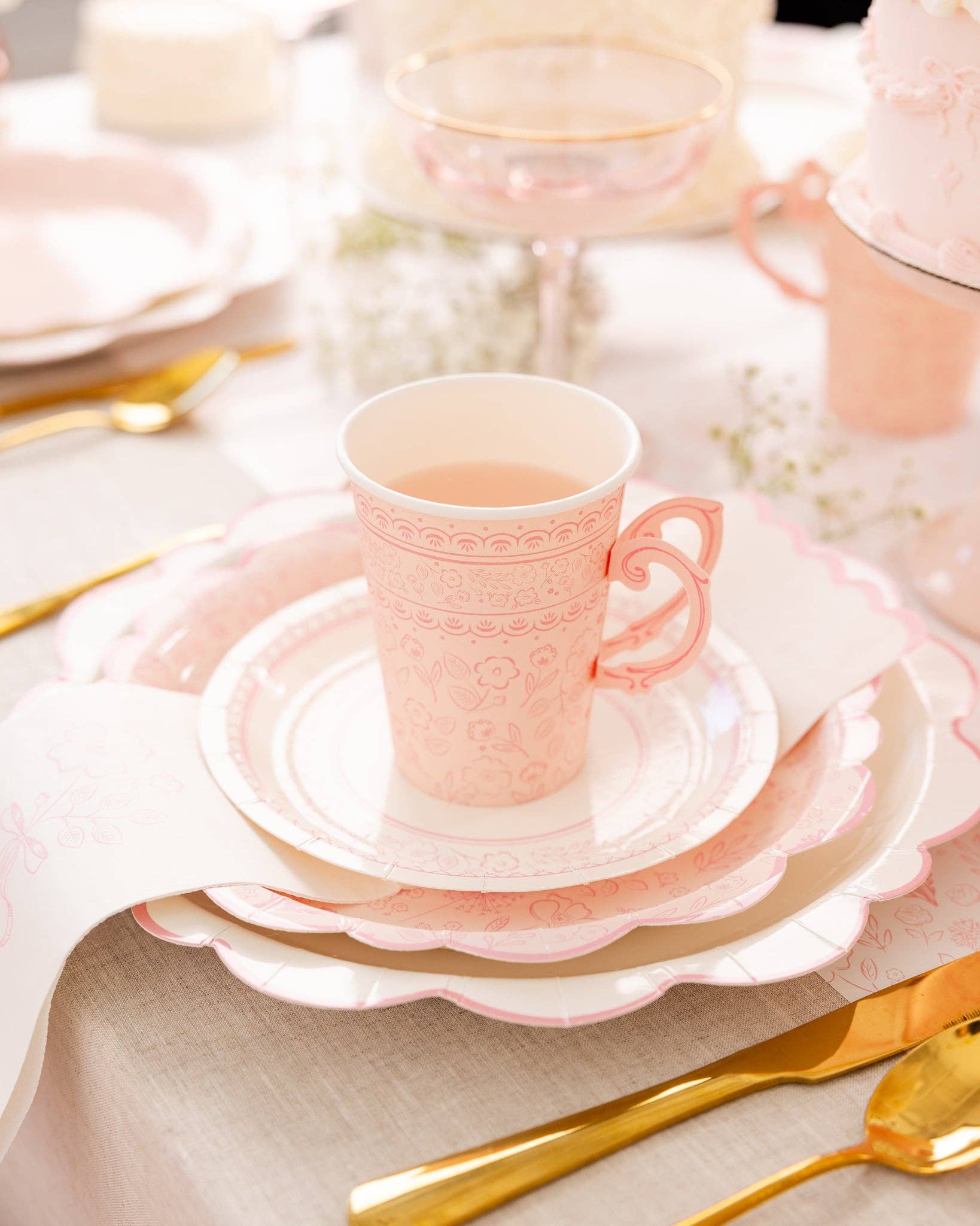 Pembroke pink party supplies: charger, dessert and dinner plates with match gold cutlery 