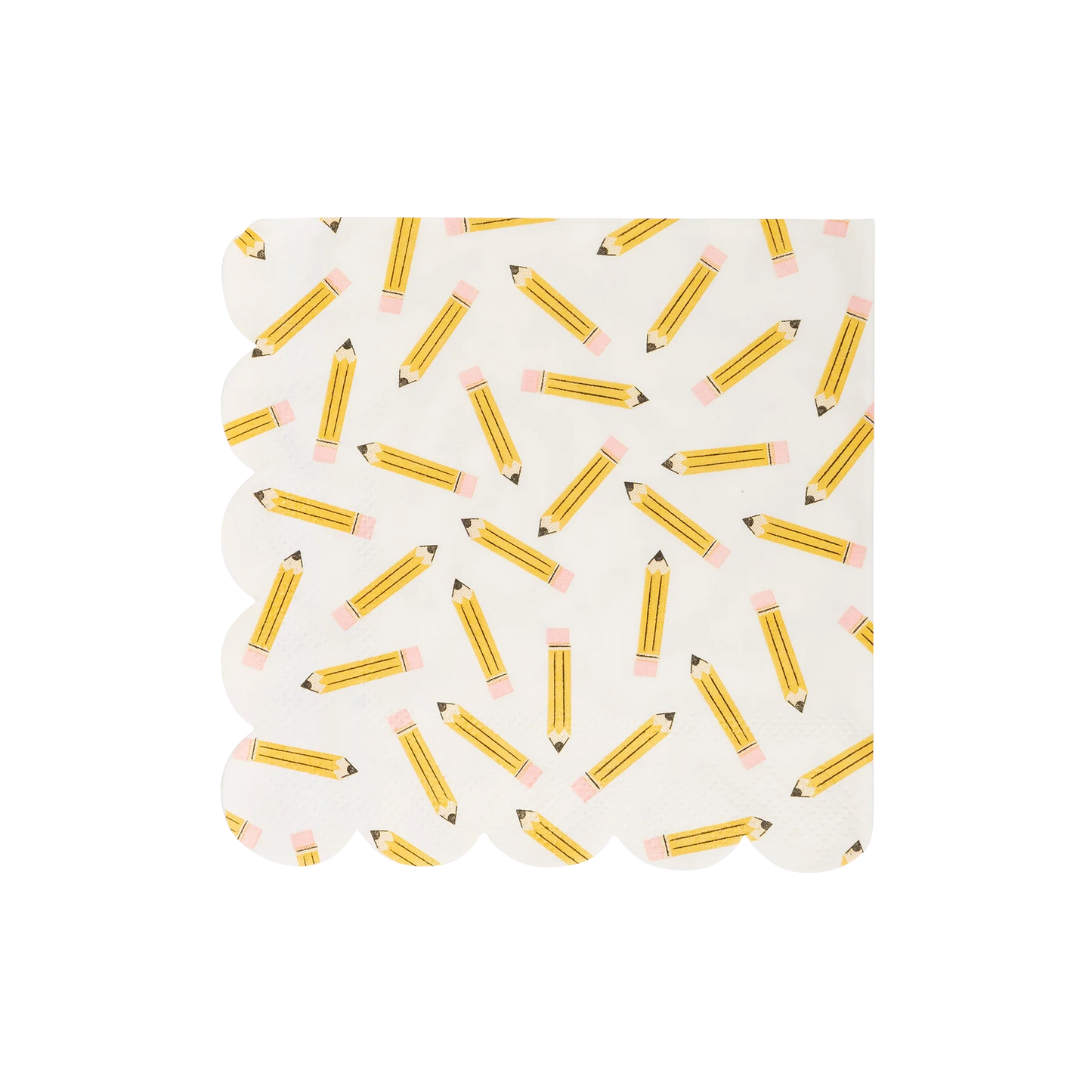 white square napkin with scalloped edge and scattered pencil icons