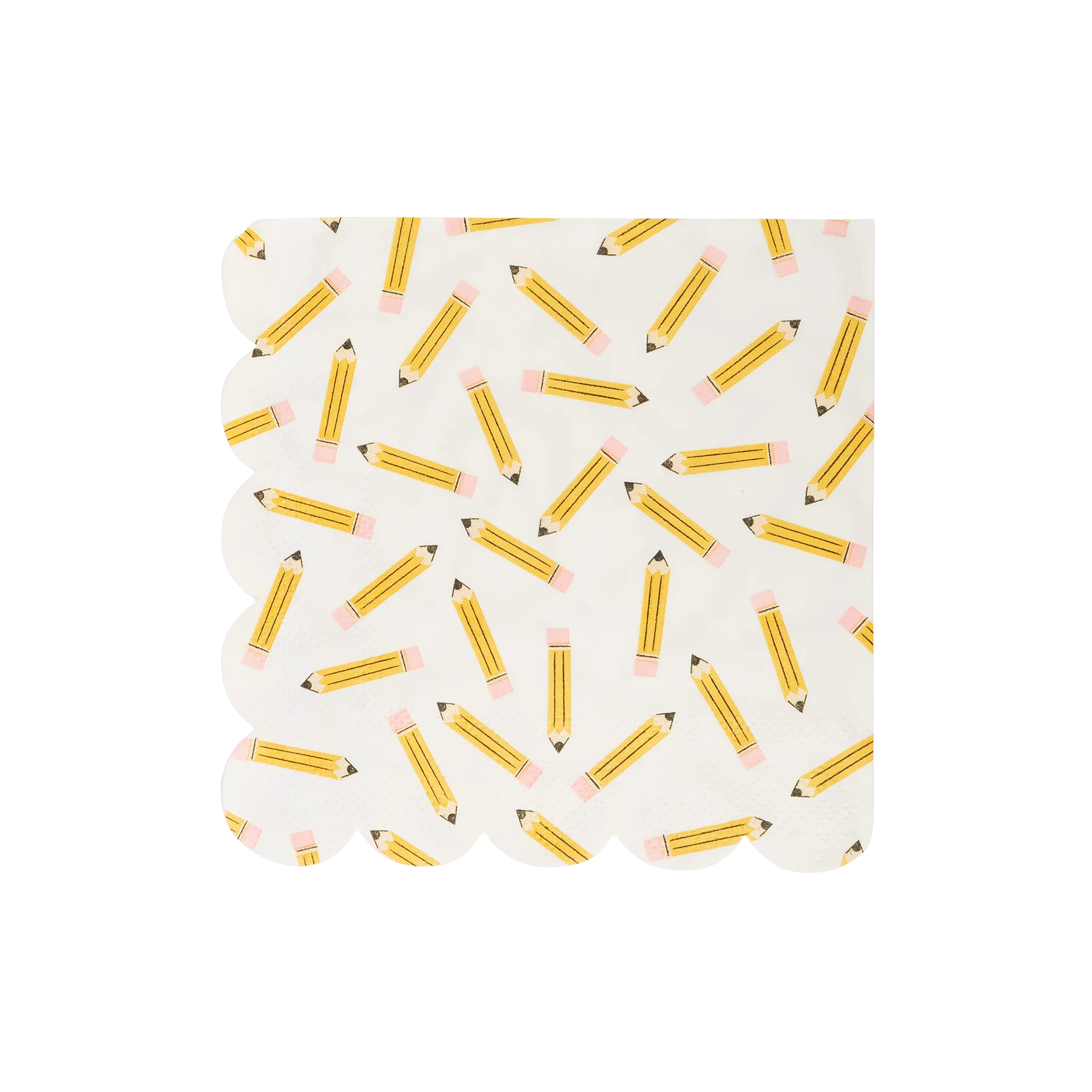 white square napkin with scalloped edge and scattered pencil icons