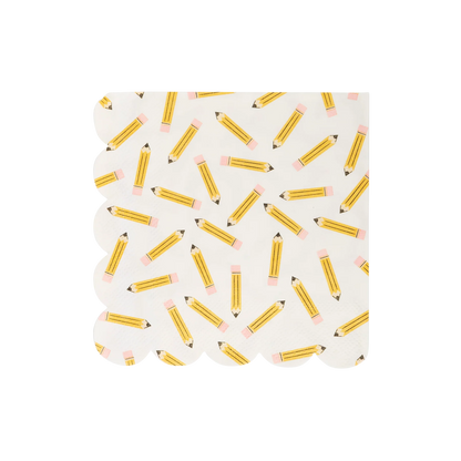 white square napkin with scalloped edge and scattered pencil icons