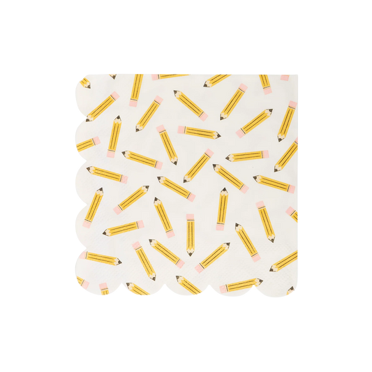 white square napkin with scalloped edge and scattered pencil icons