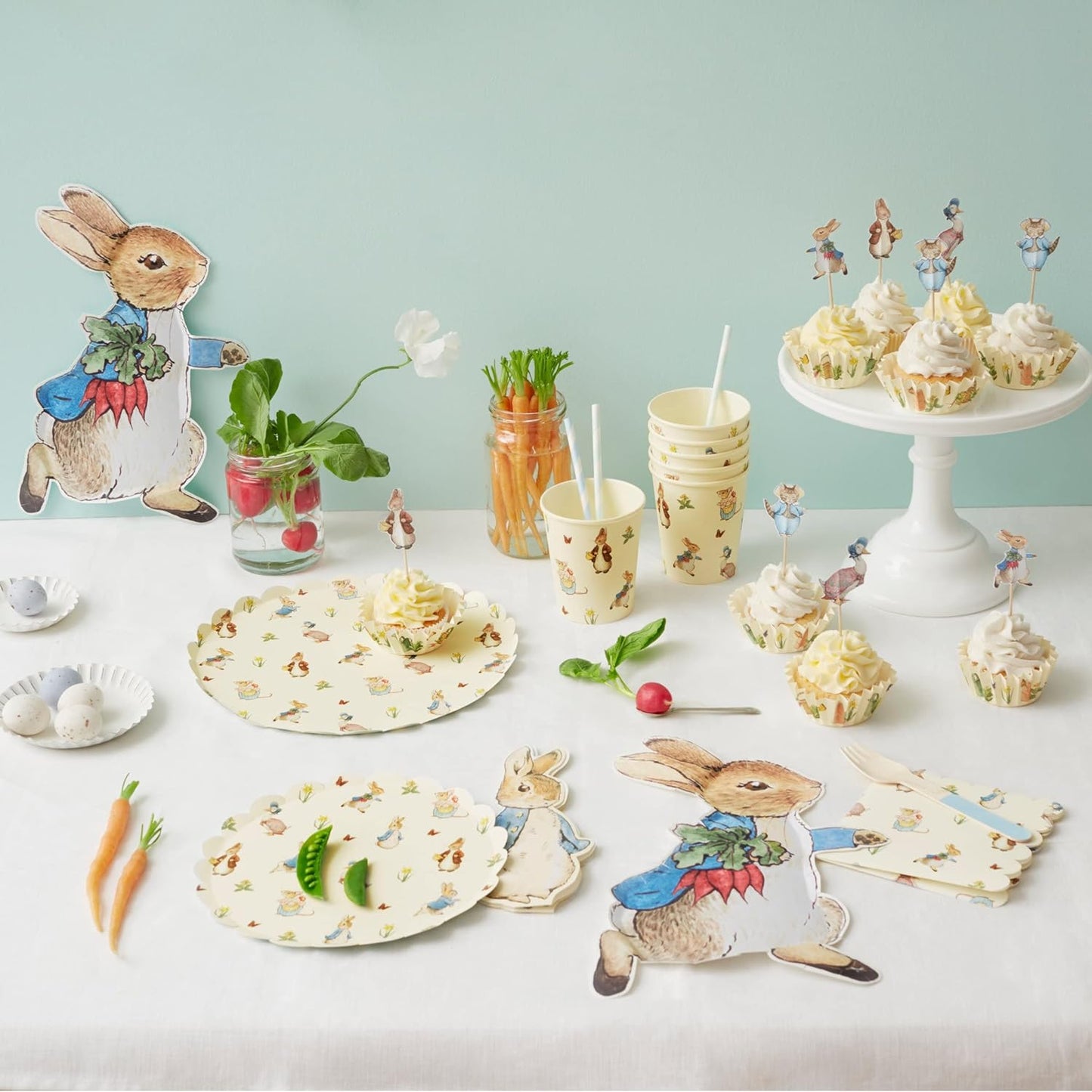 peter rabbit party supplies displayed 