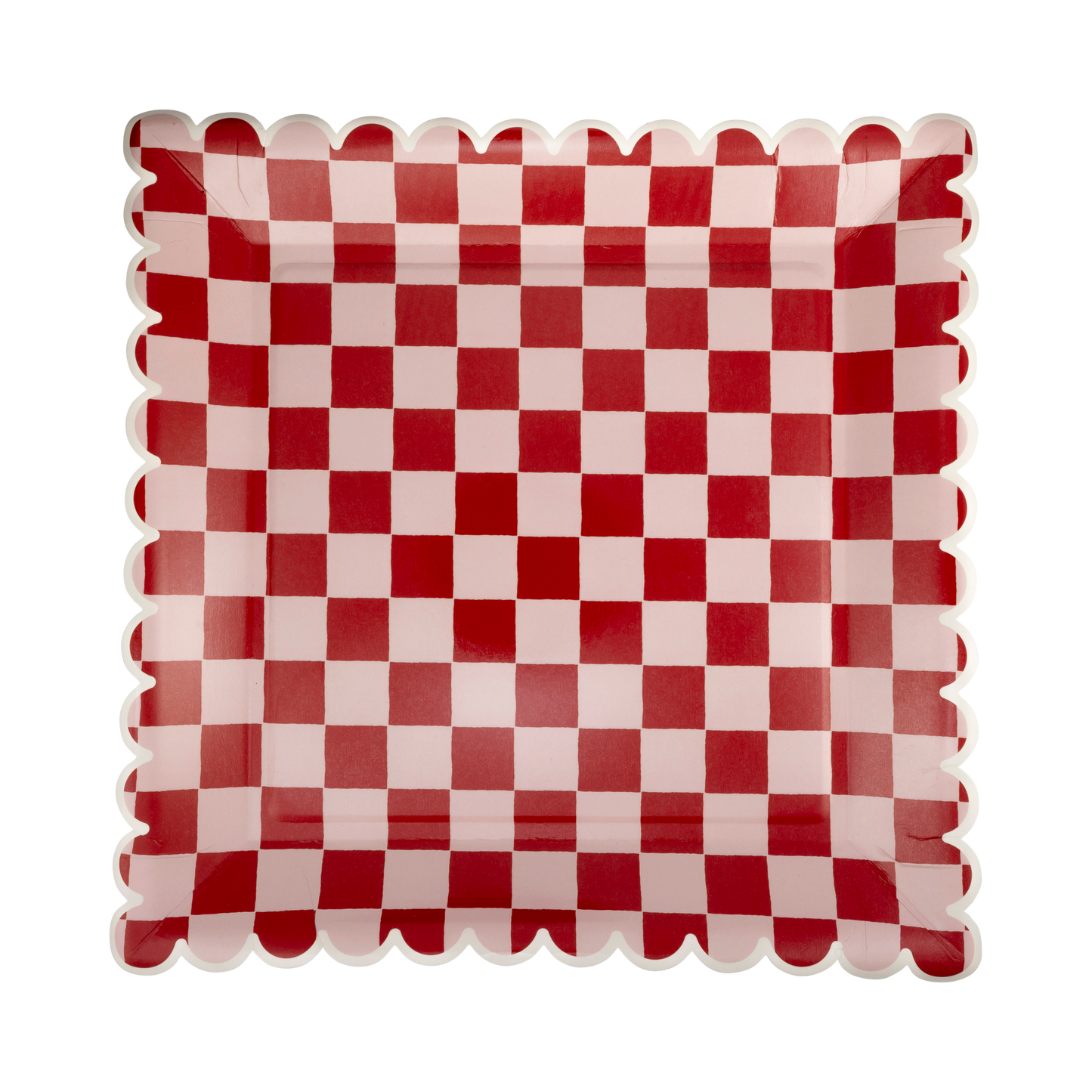 pink and red checked scalloped edge plates 