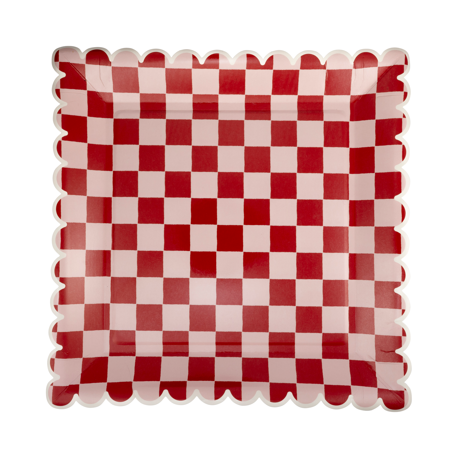 pink and red checked scalloped edge plates 