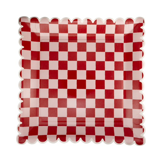 pink and red checked scalloped edge plates 