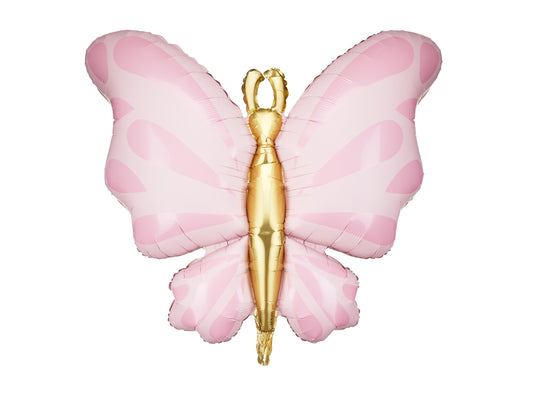 pink butterfly foil balloon with gold accents 