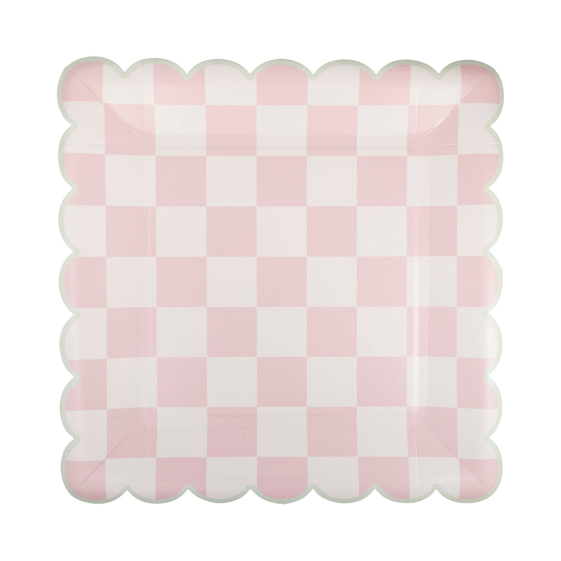 pink checkered paper plate with mint green boarder