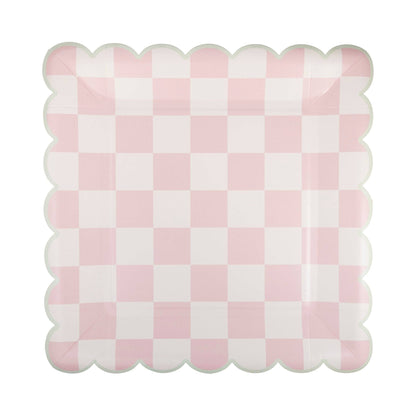 pink checkered paper plate with mint green boarder