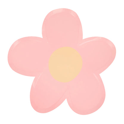 Pink daisy plate with yellow center on a white background.