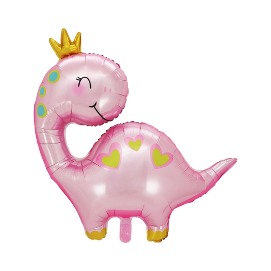 pink dinosaur foil balloon with crown on head and hearts 