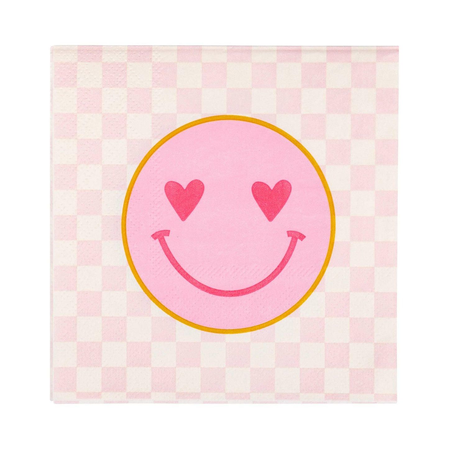 checkered pink happy face cocktail napkins with gold foil details