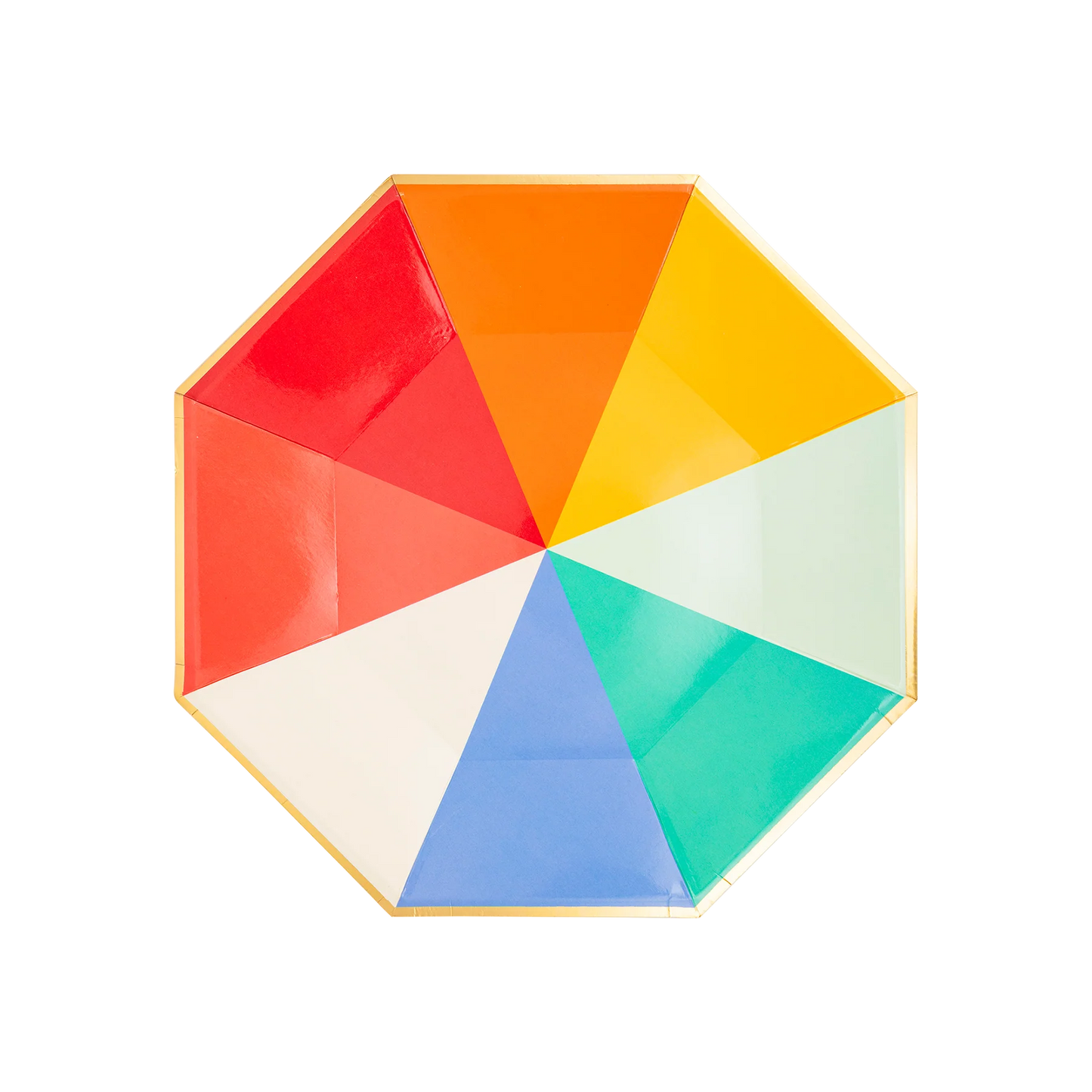 octagon shaped paper plate with gold trim; plate is sectioned into 8 triangles in red, orange, yellow, white, teal and blue