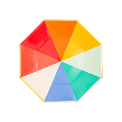 octagon shaped paper plate with gold trim; plate is sectioned into 8 triangles in red, orange, yellow, white, teal and blue