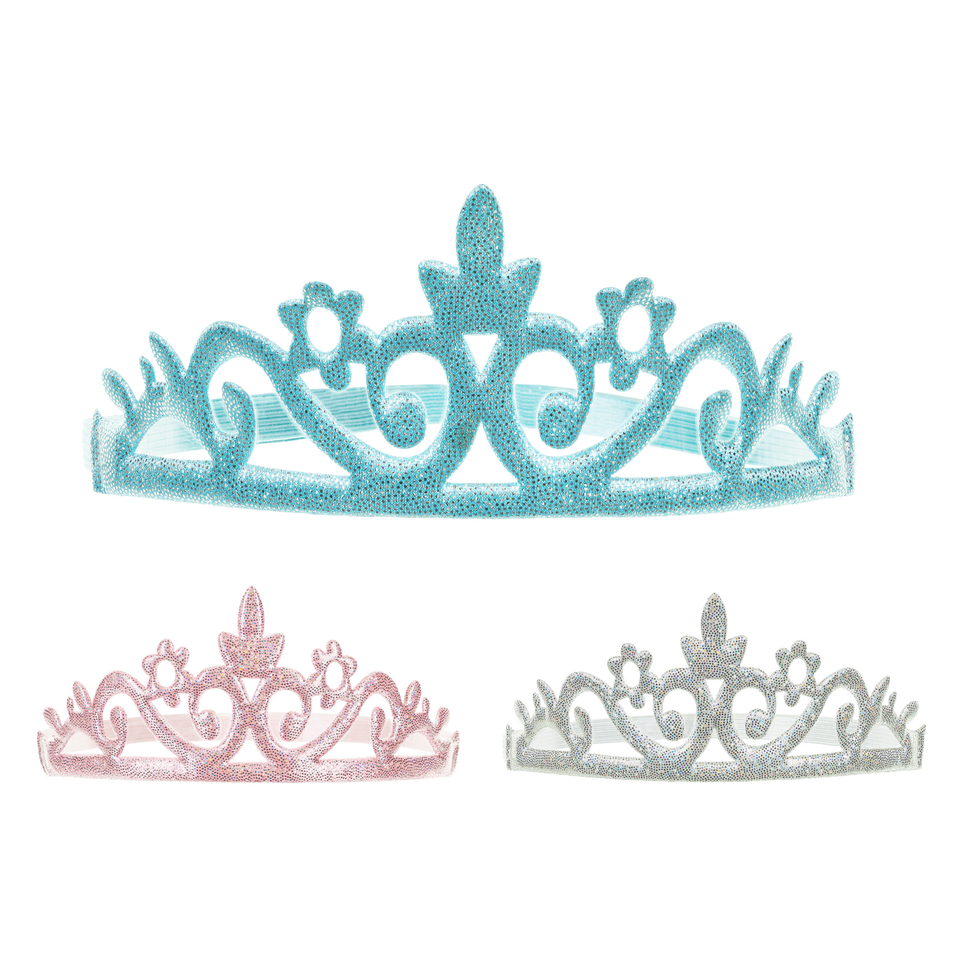 princess glitter crowns in blue, pink and silver