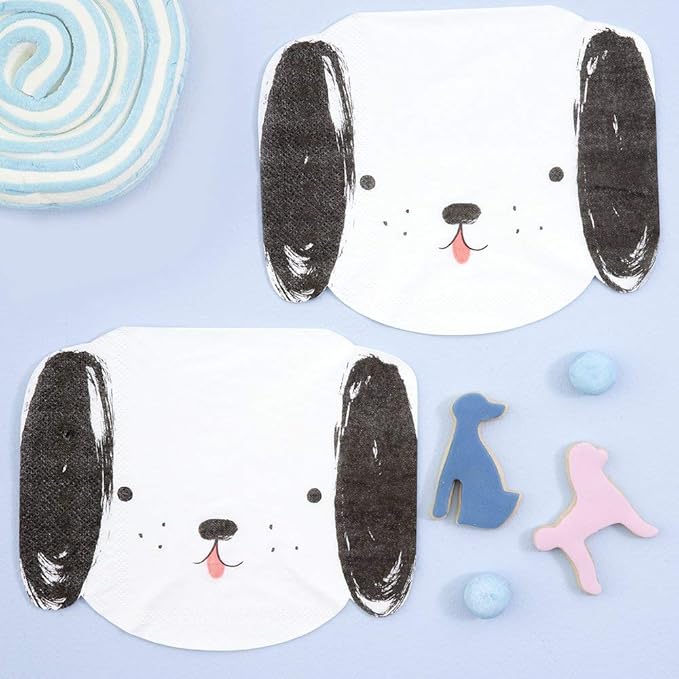 black and white puppy face napkins with tongue sticking out - pack of 20 by meri meri 