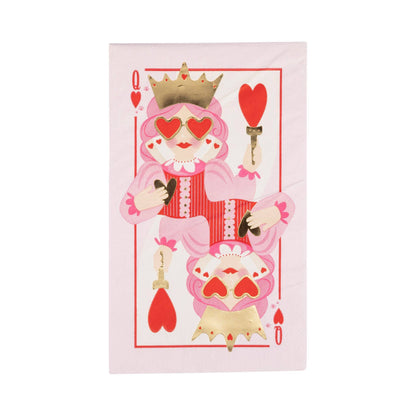 queen of hearts dinner napkins in red and pinks with gold foil details 