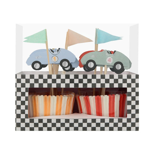 race cars cupcake kit - pack of 24 toppers in 7 designs 
