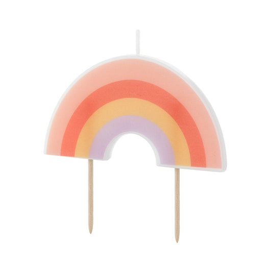 rainbow shaped birthday candle with orange, yellow and purple rainbow stripes