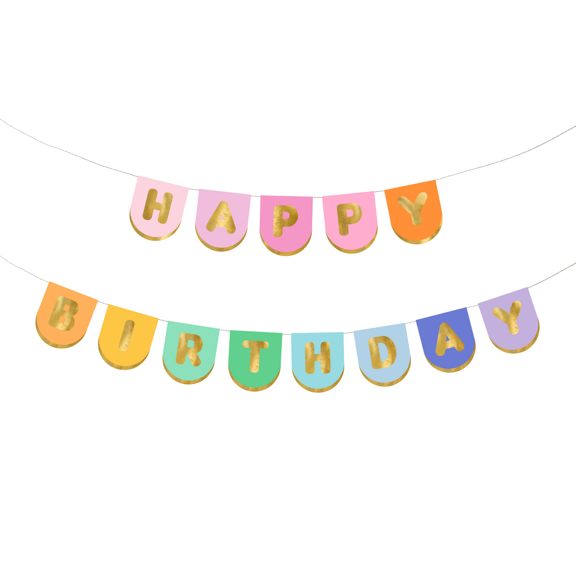 Rainbow pennant birthday banner with gold "Happy Birthday" letters