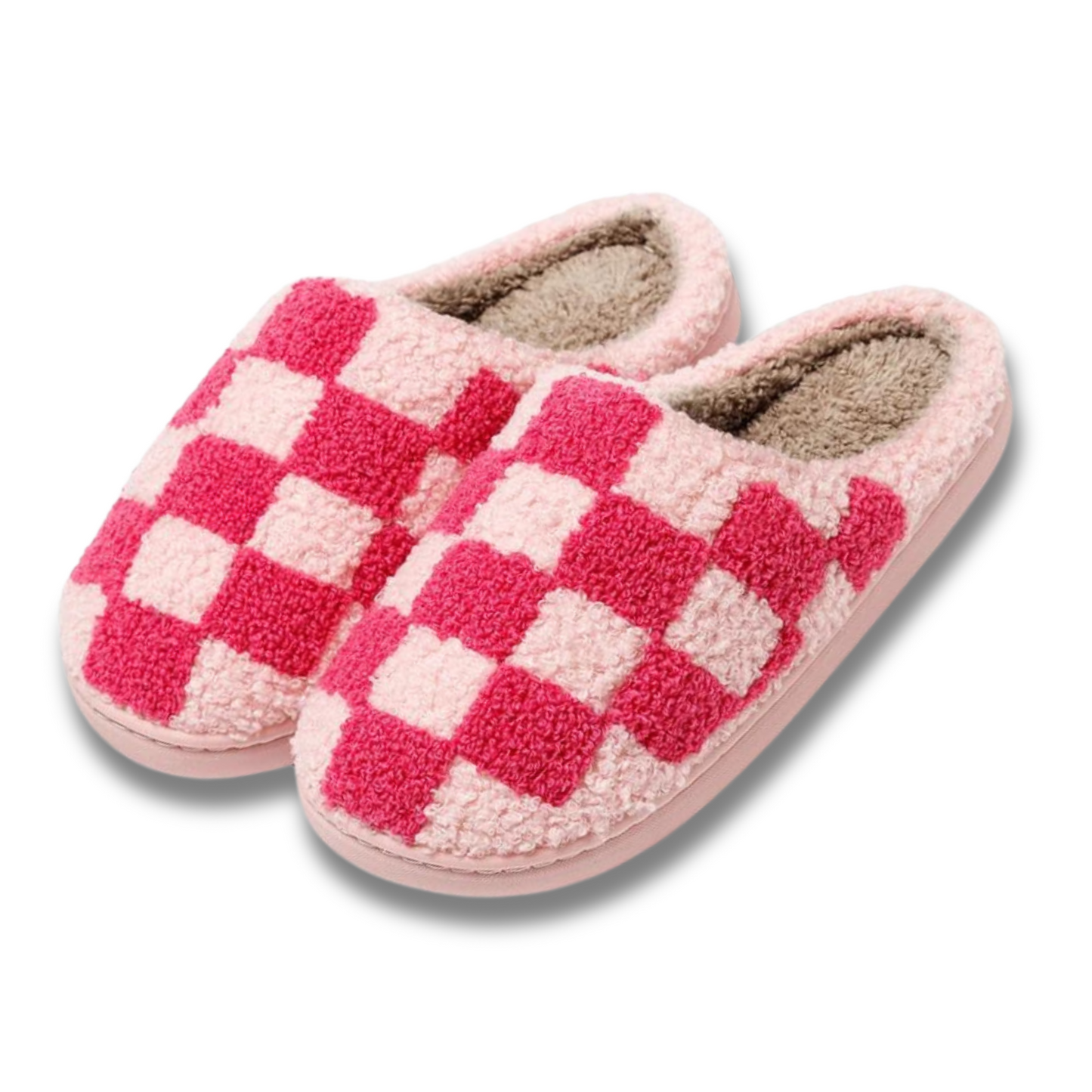 FUZZY PINK CHECKERED SLIPPERS