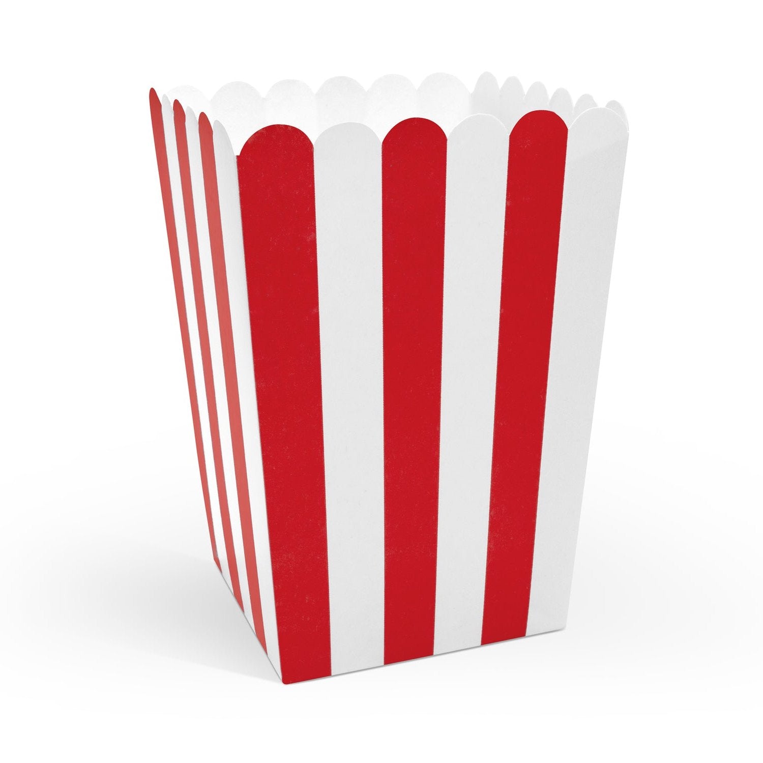 red and white striped popcorn box with scalloped edge