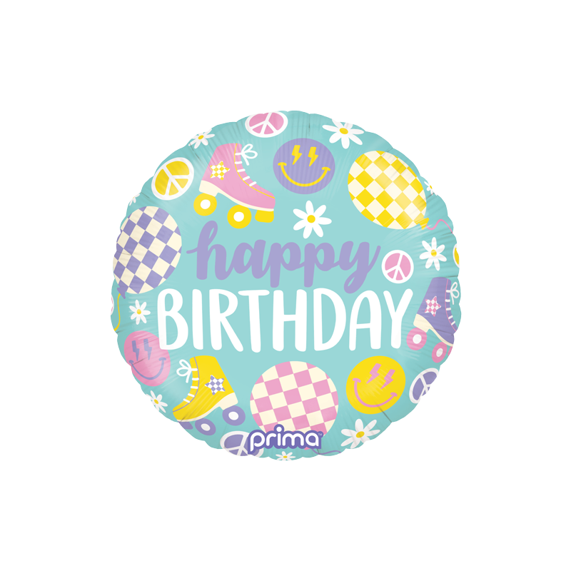 foil balloon with happy birthday message in a retro design featuring Roller skates, happy faces, daisies and peace signs