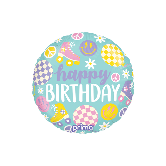 foil balloon with happy birthday message in a retro design featuring Roller skates, happy faces, daisies and peace signs