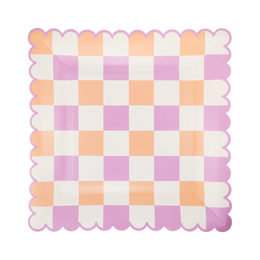 square scalloped edge plate with pink, orange and white checkered pattern