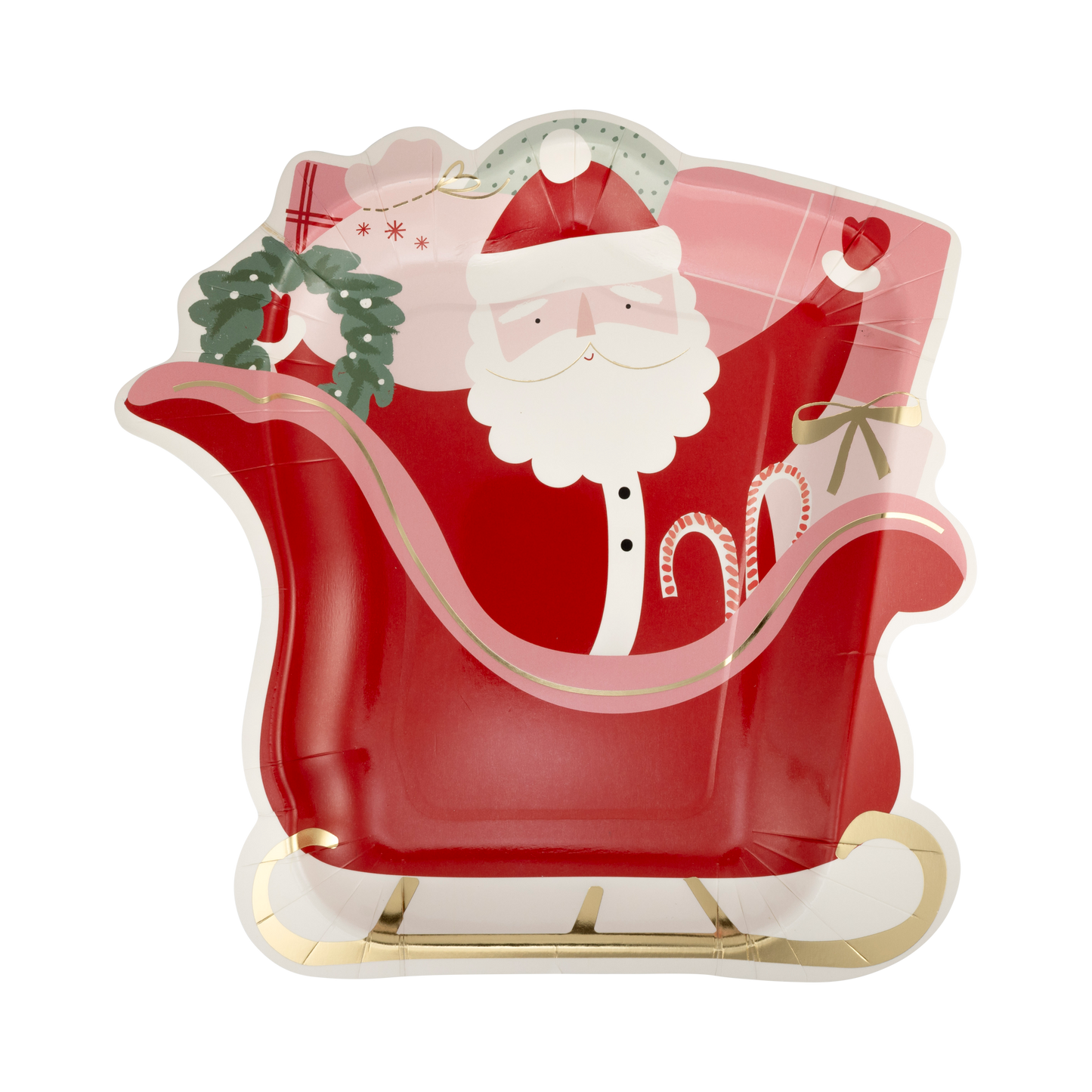 santas sleigh shaped paper plates with gold, pink and red accents 