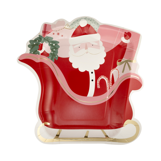 santas sleigh shaped paper plates with gold, pink and red accents 