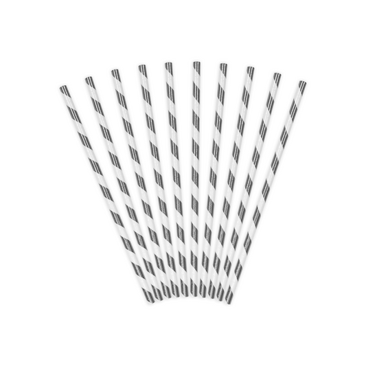 set of 10 silver and white striped paper straws on white background