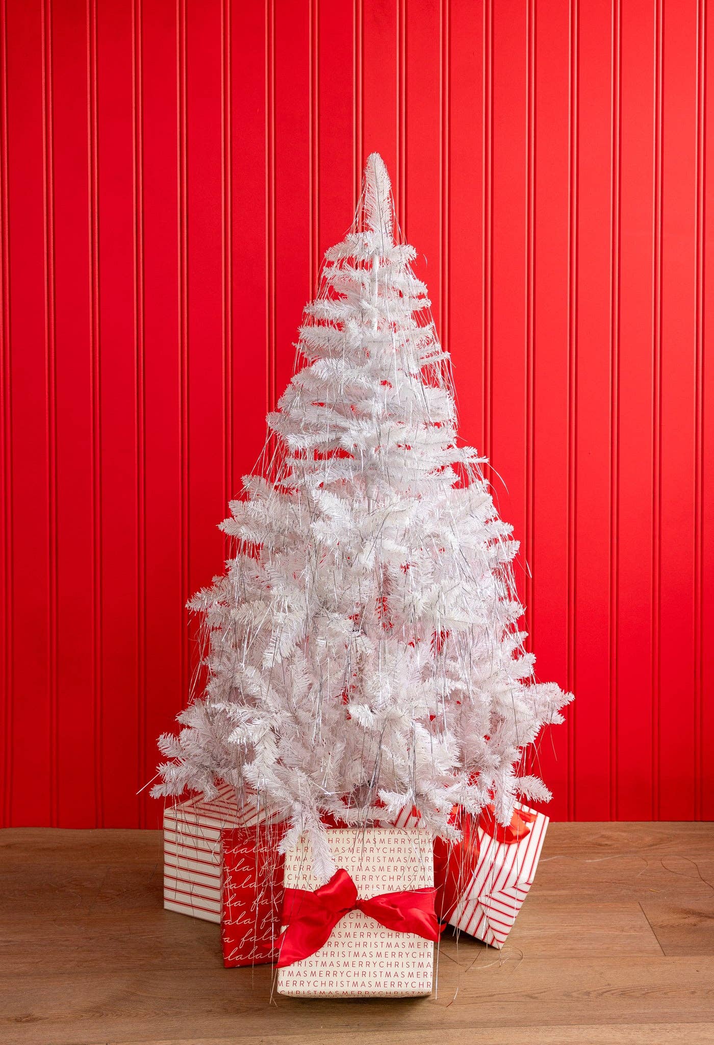 christmas tree with silver tinsel