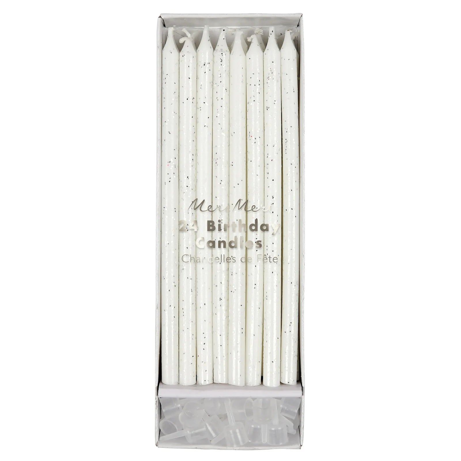 box of 24 white candles with silver glitter - box includes 24 candle holders